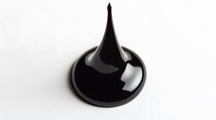 A single drop of black liquid rests on white