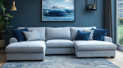 Modern grey sectional sofa, living room, ocean art