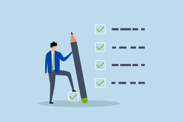 Getting things done, businessman expert holding pencil tick all completed task checkbox