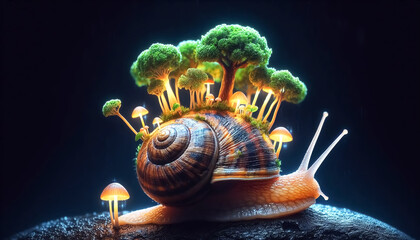 Snail in the forest with plants and mushrooms in its shell. Fantasy art