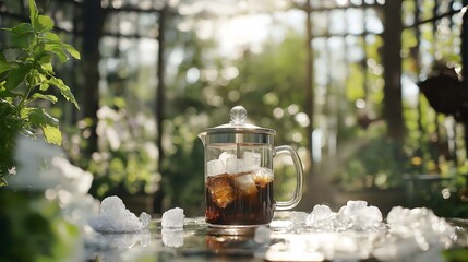 Iced Coffee Press with Ice Cubes on a Reflective Surface at Greenhouse