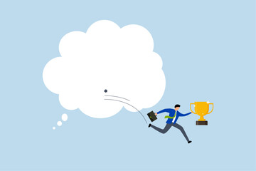 Turn dream to reality, businessman with success award leaps from thought bubble into reality 