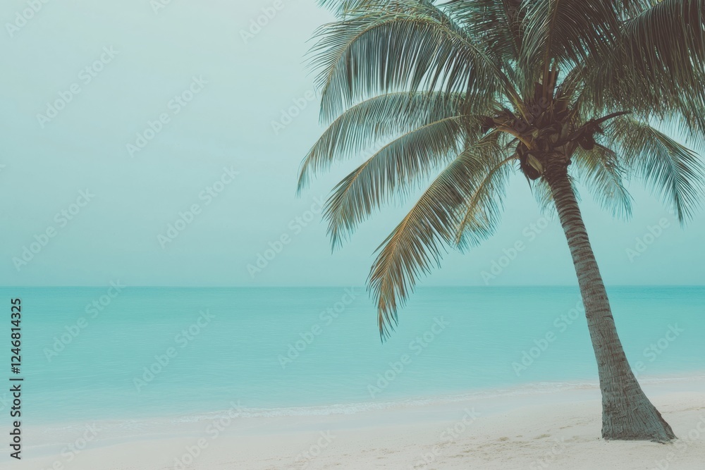 Poster tropical beach view with coconut palm tree and turquoise water perfect for relaxation and summer vib