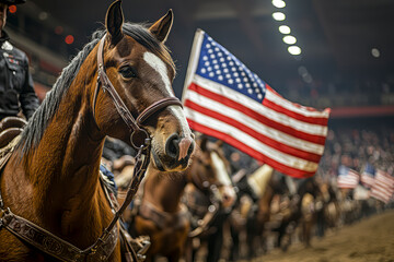 American Pride: Majestic Display of the Stars and Stripes on Horseback at Denver's Thrilling Rodeo Event - January 28, 2024