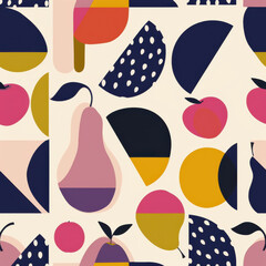 Geometric apple and pear pattern with abstract shapes in vibrant colors