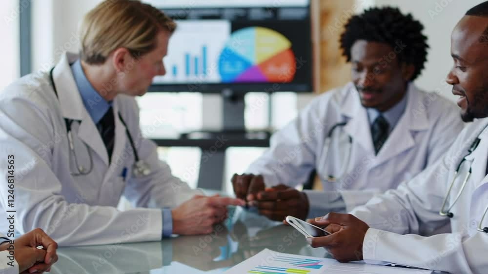 Poster doctors and medical professionals are collaborating on patient data and medical charts, using a smar
