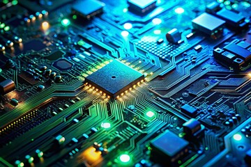 Obraz premium Low Light Tech Background: Glowing Circuit Board in Dark