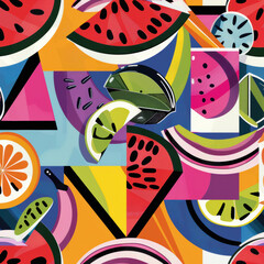 Bright geometric fruit pattern featuring watermelon, lime, and orange slices, creating vibrant and...