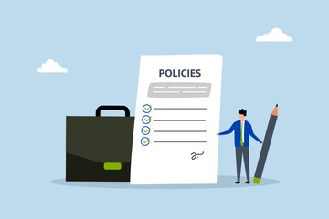 Company policies document, entrepreneur grasping pen alongside corporate policy paper and business briefcase 