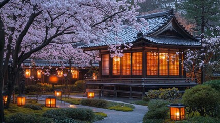 Fototapeta premium Serene Japanese Garden with Cherry Blossoms at Dusk