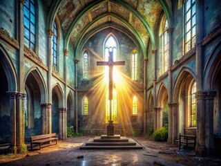 Obraz premium Luminous Cross: Church Interior with Stained Glass, Urban Exploration Photography