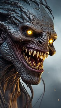 Scary monster smiling face. Angry smile of sharp fangs. effect video clip. Evil demon rejoices. horror fantasy genre. Creepy black and white background