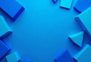 A vibrant blue background features various 3D geometric shapes cubes, rectangular blocks, and triangular prisms arranged around a central empty space. The scene is minimalist and modern.