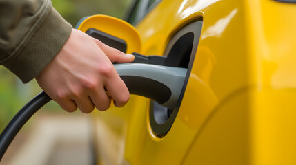 Person Charging Electric Vehicle with Plug in Yellow Car at Outdoor Station for Eco-Friendly Transportation Innovation