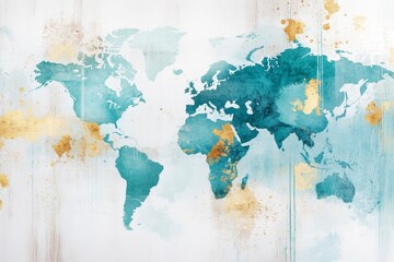 A soft watercolor painting of a world map blending vibrant blues, greens, and earth tones