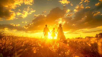 Happy family walking in golden meadow at sunset holding hands