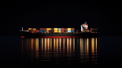 Night view of a container ship with lights reflecting on the water, emphasizing quiet strength and solitude. 