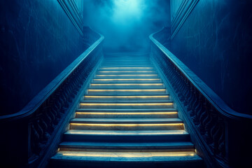 Fototapeta premium Enigmatic Ascendancy: A Dimly Lit Staircase Bathed in Ambient Glow, Evoking a Sense of Mystery and Architectural Elegance.