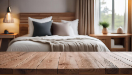 Fototapeta premium rustic wooden table in focus with a softly blurred elegant bedroom in the background ideal for product display and home decor montages
