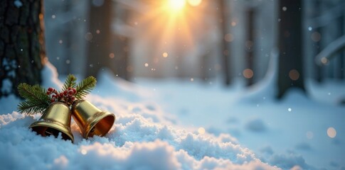 Golden Christmas bells scattered across a snow-covered forest floor, golden accents, winter landscape, Christmas decorations
