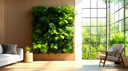 A modern living space featuring a vertical garden, large windows, and natural light, creating a serene and inviting atmosphere.