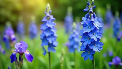 Blue delphiniums in a garden with purple irises, garden flowers, botanical