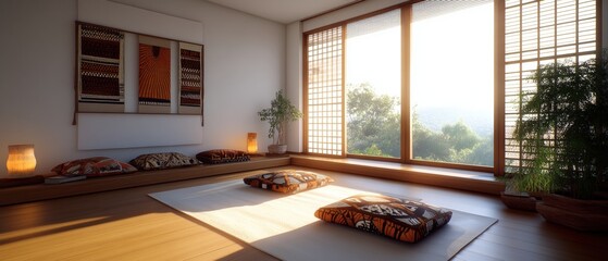 Fototapeta premium Room with a large window featuring a bed and natural light illuminating the interior space