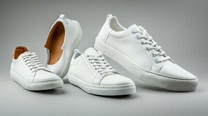 Naklejka premium Flying white leather womens sneakers isolated on gray background, different kind. Fashionable stylish sports casual shoes. Creative minimalistic layout with footwear. Advertising for shoe store, blog