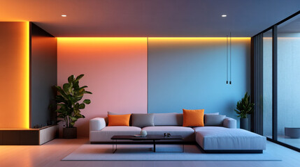 A modern living room featuring a cozy sofa, vibrant orange accents, and stylish lighting that creates a warm and inviting atmosphere.
