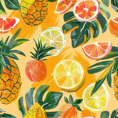 Hand painted tropical fruit pattern featuring vibrant pineapples, lemons, and limes on warm yellow background, evoking cheerful summer vibe