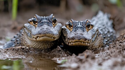 Fototapeta premium Two alligators in swamp, close-up view