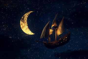 Sailing on a moonlit sea with a vintage ship against a starry sky at night