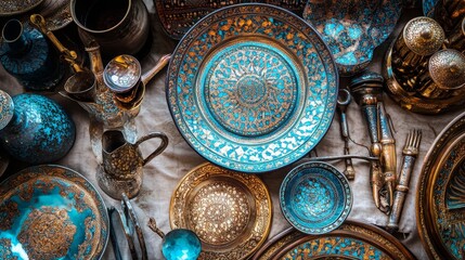 Iranian decorative metal and stone handicraft objects traditional background