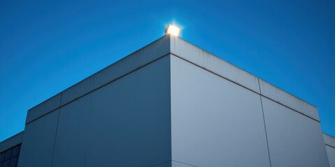 A modern building's corner with a single light fixture against a vibrant blue sky