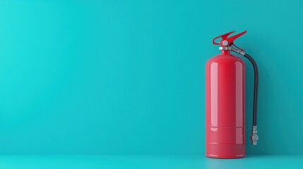 Fototapeta premium Bright Red Fire Extinguisher Leaning Against Turquoise Wall in Minimalistic Interior Setting