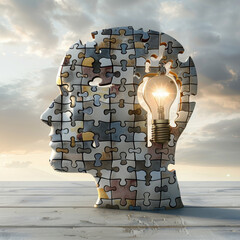 Human head made of puzzle pieces with glowing light bulb, symbolizing creativity and ideas. surreal representation of thought