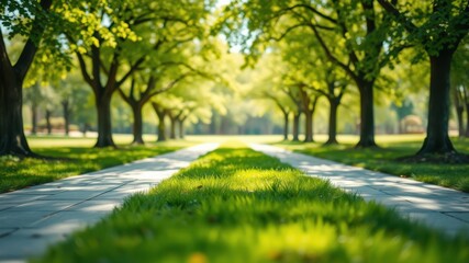 Obraz premium Serene Pathway Through a Lush, Sun-Drenched Canopy of Trees