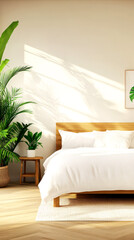 A bright, modern bedroom with a wooden bed, white bedding, a potted plant, and soft natural light creating a serene atmosphere.
