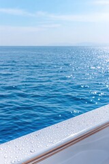 Obraz premium close-up of yacht polished railing with droplets of water glistening in sunlight captured against blurred ocean