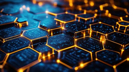 A vibrant fusion of technology and nature emerges as intricate circuits blend into a honeycomb pattern under neon lights, symbolizing the seamless integration of innovation with the natural world.