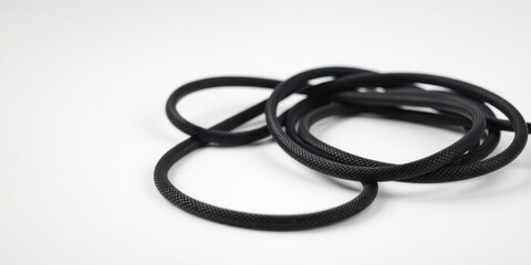 Close-up of Black Textured Cord, Intricately Coiled on a Plain White Background