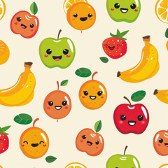 kawaii mixed fruit pattern featuring cute smiling apples, bananas, oranges, and strawberries, creating cheerful and vibrant design