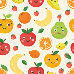 kawaii mixed fruit pattern featuring smiling apples, bananas, oranges, and pears, creating cheerful and playful design