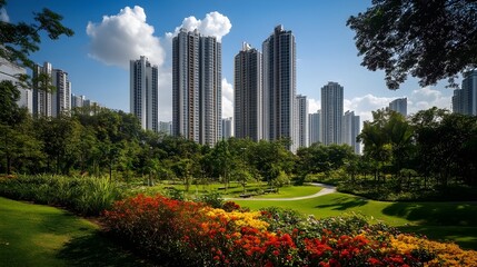 Fototapeta premium Lush Urban Oasis: City Park with Skyscrapers and Blooming Flowers