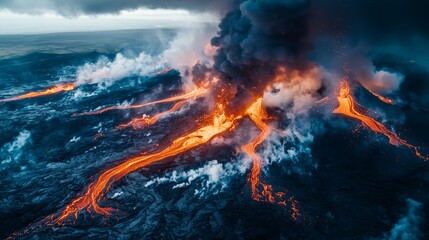 Dramatic Eruption of Volcano with Fiery Lava Flowing Down