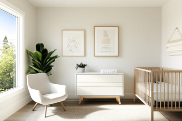 A serene nursery featuring a crib, modern furniture, and plants, with soft natural light streaming in through a large window.