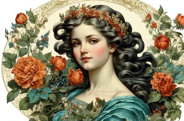 Vintage retro antique angel portrait illustration with colorful botanical flowers on isolated white background, people, culture and religion theme concept texture design.
