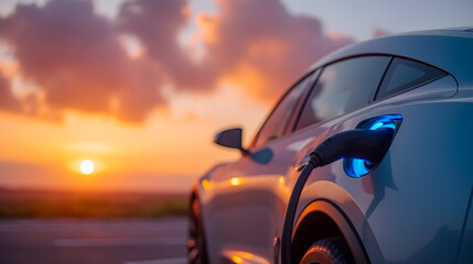 Modern Electric Vehicle Charging at Sunset with Vibrant Sky and Scenic Landscape in Background