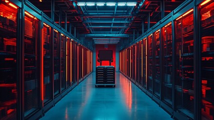 Fototapeta premium Data Center Aisle with Equipment in Red and Blue Lighting