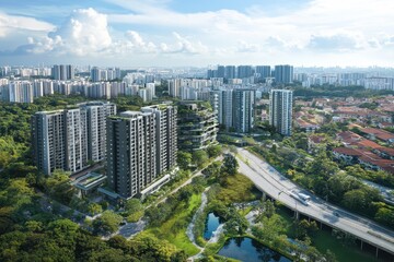 Aerial view of a modern cityscape showcasing a blend of high-rise buildings, green spaces .